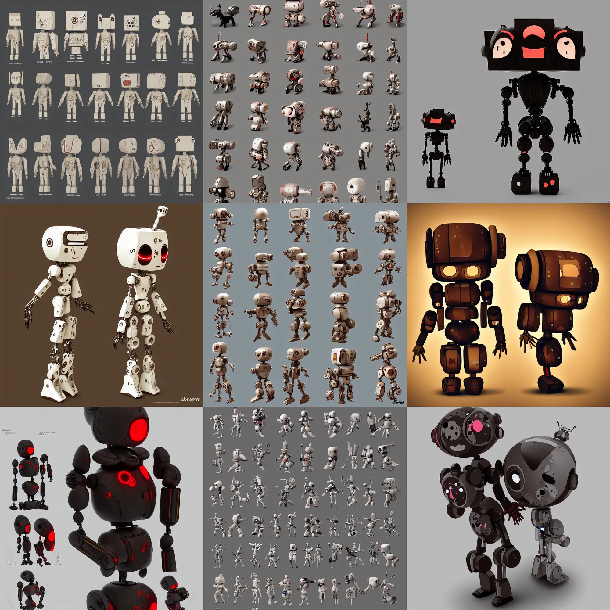 Prompt: illustration artoys cute figurine wooden robots cyberpunk symetrical geometrical cgsociety artstation