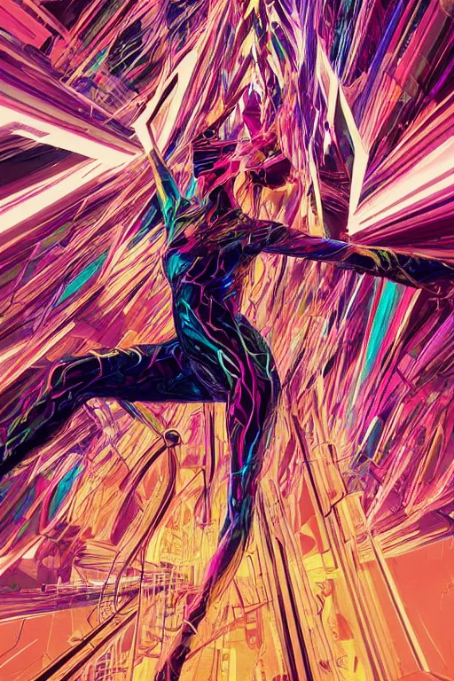 Prompt: wideangle action, a wild beautiful ballet techno dancer tangled in the tendrils of reality, madness, decoherence, synthwave, glitch!!, fractured reality, vortex, realistic, hyperdetailed, concept art, art by syd mead, cubism