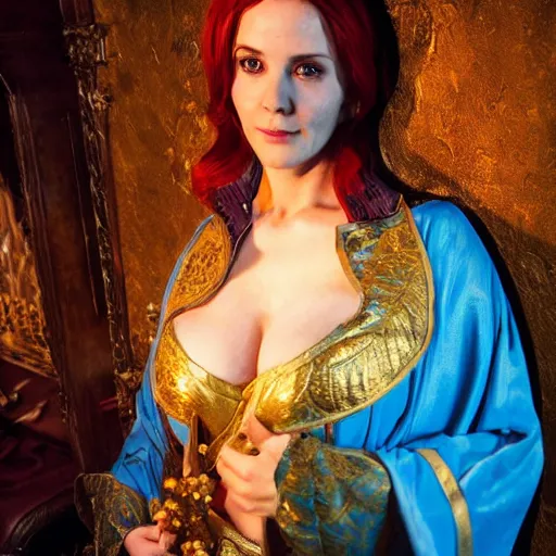 Image similar to Triss Merigold cosplay, beautiful ornate blue and gold robe, golden ornamental leaf shaped festoon, warmly lit posh study, cinematic dramatic lighting, gorgeous young female supermodel, highly detailed