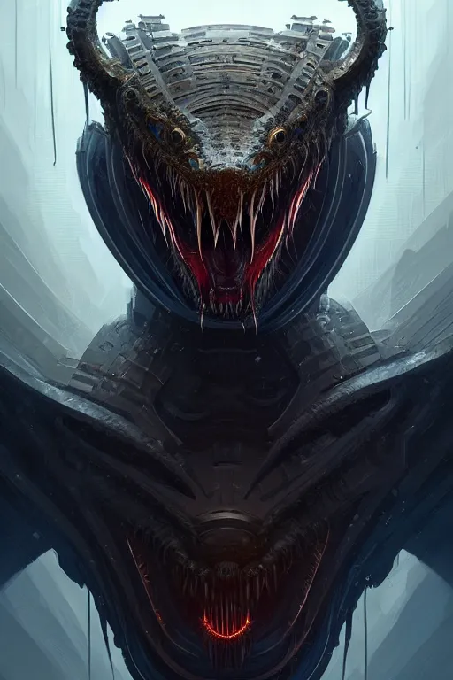 Image similar to professional concept art symmetrical portrait of a horrendous mechanical predatory species in a dark room by artgerm and greg rutkowski. an intricate, elegant, highly detailed digital painting, concept art, smooth, sharp focus, illustration, in the style of cam sykes.