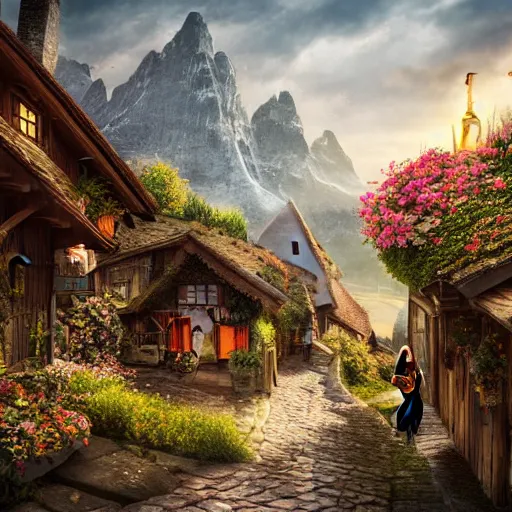 Image similar to my precious! - the hobbit - j. r. r. tolkien - a medieval village in switzerland, ornate, beautiful, atmosphere, vibe, flowers, concept art illustration, greg rutowski, volumetric lighting, sunbeams, particles