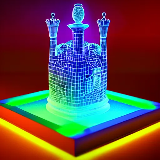 Image similar to queen chess piece made of neon lights, chessboard made of cresting ocean grid, digital forest, high quality architectural art , Isometric 3D Fantasy turtle, Smoth 3D Illustration, Cinematic Matte Painting, soft render, Servando Lupini, handpaint texture, Blender, 3DCoat