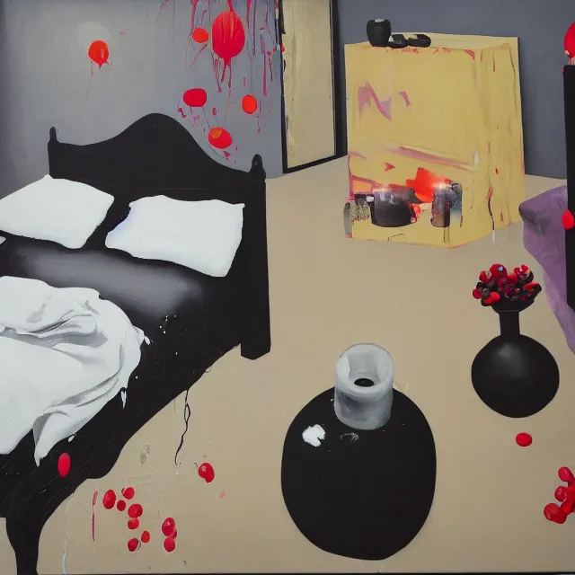 Prompt: bedroom with black walls and a futon, sensual portrait of a woman sleeping, cracked handmade pottery vase, candles, white flowers on the floor, puddle of water, octopus, squashed berries, neo - expressionism, surrealism, acrylic and spray paint and oilstick on canvas