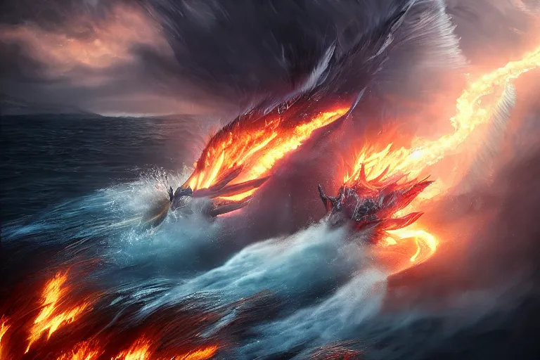 Image similar to fire dragon with lightnings and smoke is fighting against giant water monster with huge waves, dramatic fire lighting, CGsociety, full length, exquisite detail, post-processing, masterpiece, volumetric lighting, cinematic, hypermaximalistic, high details, cinematic, 8k resolution, beautiful detailed, insanely intricate details, sharp edges, smooth focus, low angle, tilted