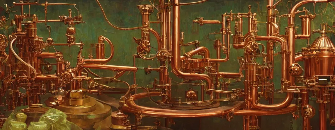 Image similar to a super high resolution film still of machine apparatus for making snake oil, huge copper machine with purple and green intricate pipework, art by andrey remnev, and bruce pennington, directed by denis villeneuve, cinematography by robby muller, kodachrome 8 k, snake machine, cinematic lighting