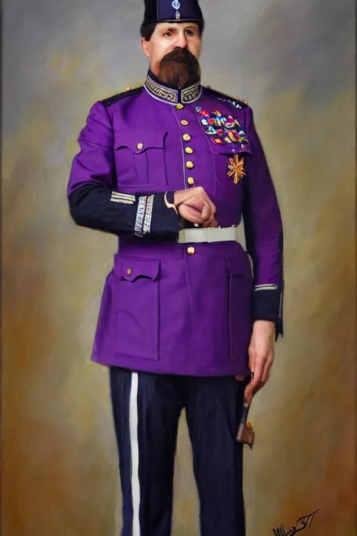 Image similar to full body portrait of the dictator of the sacramento kings, 1 8 8 9, in full military garb, purple, silver, oil on canvas by william sidney mount, trending on artstation