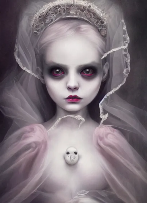 Image similar to pop surrealism, lowbrow art, realistic cute bride pale ghost girl painting, hyper realism, muted colours, rococo, natalie shau, loreta lux, tom bagshaw, mark ryden, trevor brown style,