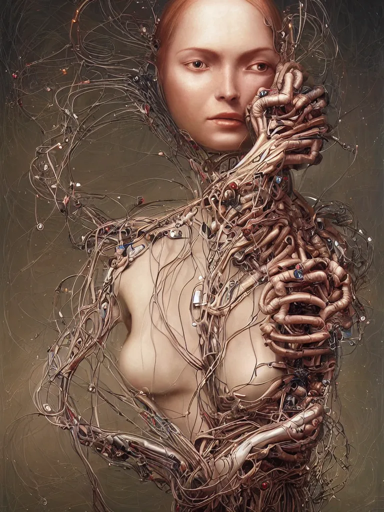 Prompt: portrait of a beautiful female android robot holding a realistic anatomical heart in her hands and crying, there are wires coming from her heart, tangled and entwined with her long flowing hair, mecha, biopunk, painting by James C. Christensen, by tomasz alen kopera