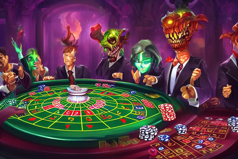 Image similar to interdimensional demons gambling over the wages of human souls in an afterlife casino, digital artwork, trending on artstation