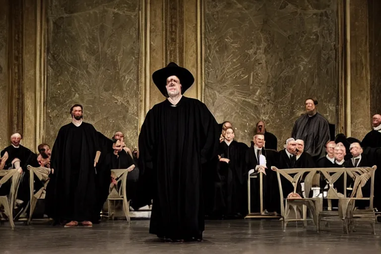 Image similar to a man in black robes interrupts a a dark convention stage podium, under the spotlight by joaquin sorolla, roger deakins, cinematography