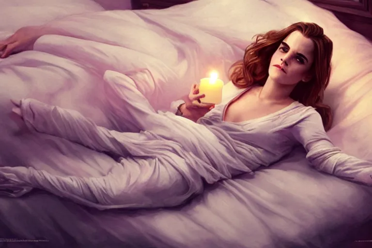 Image similar to very beautiful Emma Watson lying on the bed in sleepwear, night time, candle light, intricate, elegant, highly detailed, digital painting, artstation, concept art, matte, sharp focus, illustration, hearthstone, art by Artgerm and Greg Rutkowski and Alphonse Mucha