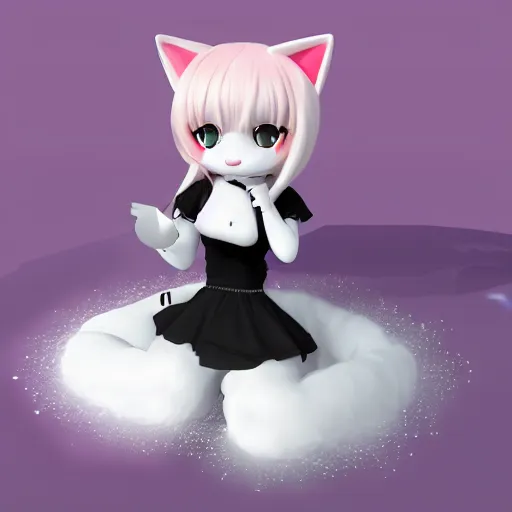 Image similar to cute fumo plush of a popstar cat girl, anime girl, idol, tomboy, artstation, bubblegum pop, black and white, snowing, vray