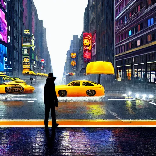 Prompt: « a man walking in a night raining streets, new york, big city, taxi, cars, shops one the side with neons, digital art, highly detailed, photorealistic, unreal engine 5, back view »