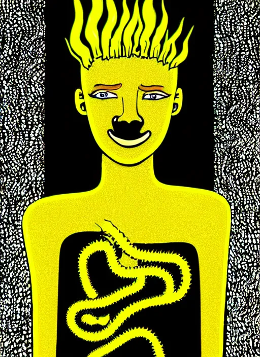 Image similar to highly detailed closeup portrait of wasteland wavy glowing yellow and white plasma hair cute happy tribal young lady, stray electric spark wiring by jean jullien, 4 k resolution, gradient yellow, black and white color scheme!!! ( ( dystopian city background ) )