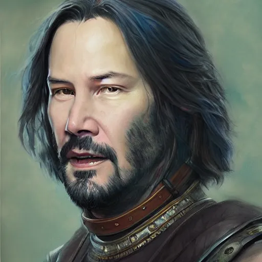 Image similar to Keanu Reeves as a fantasy D&D character, portrait art by Donato Giancola and James Gurney, digital art, trending on artstation