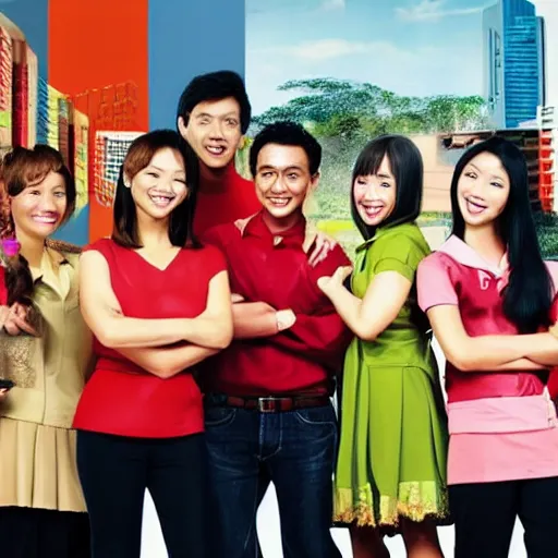 Prompt: promotional art for a 2 0 0 0 s singaporean sitcom about a school