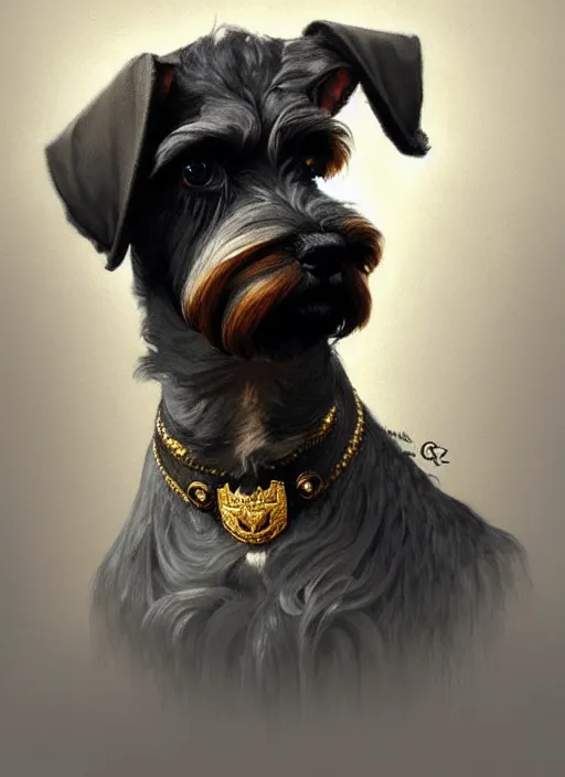 Image similar to portrait of stoic looking miniature schnauzer, military uniform, black fir, white eyebrows, fantasy, intricate, elegant, highly detailed, centered, dark, smokey, digital painting, artstation, concept art, smooth, sharp focus, illustration, art by artgerm and greg rutkowski and alphonse mucha