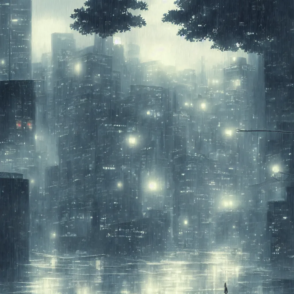 Prompt: illustration of beautiful anime city by Makoto Shinkai, it is raining and foggy