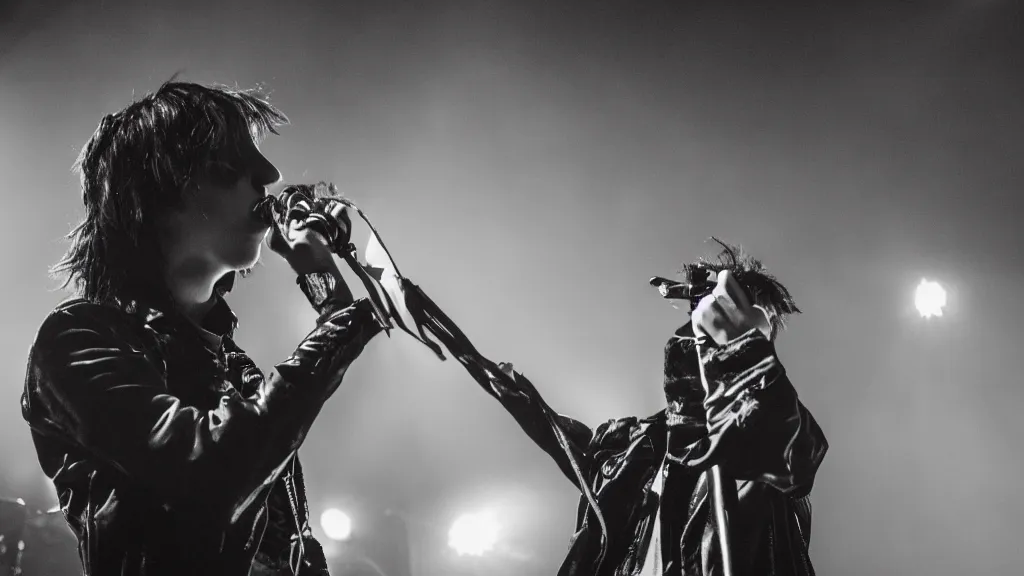 Prompt: a photo of the concert of Julian Casablancas ando Ian curtis on the stage, professional photography, 50mm, f/1.4, photography by Todd Owyoung