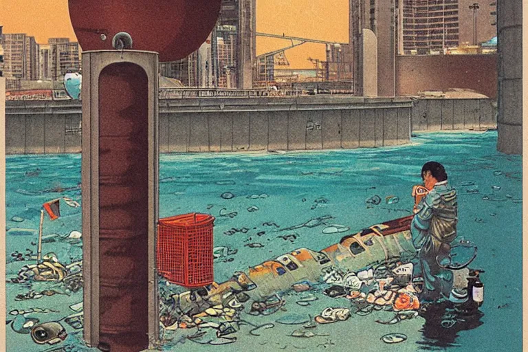 Prompt: 1 9 7 9 omni cover of a sewer pipe near spewing fish and trash near a seawall in tokyo. art in cyberpunk style by dali, and vincent di fate