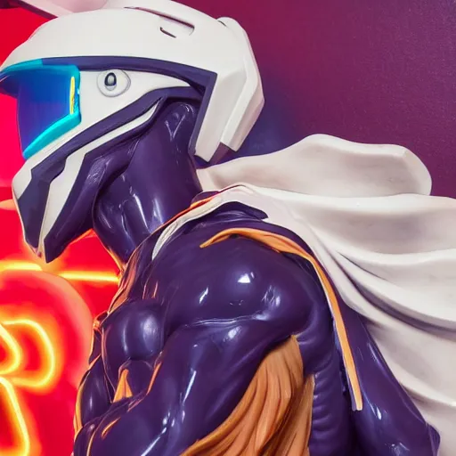 Image similar to extremely beautiful photo of a white marble statue of an anime black man with colorful motocross logos and motorcycle helmet with closed visor, colorful smoke in the background, carved marble statue, fine art, neon genesis evangelion, virgil abloh, offwhite, highly detailed, 8 k, hyperreal