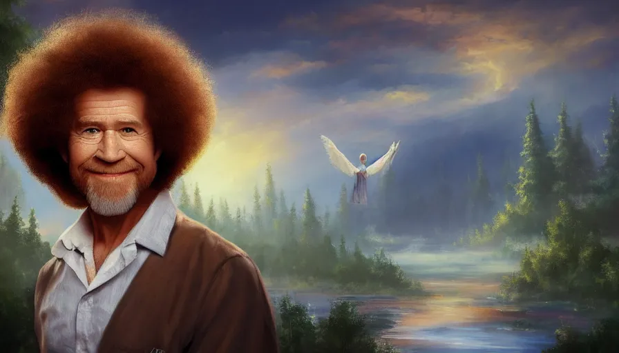 Prompt: Bob Ross is an angel, hyperdetailed, artstation, cgsociety, 8k