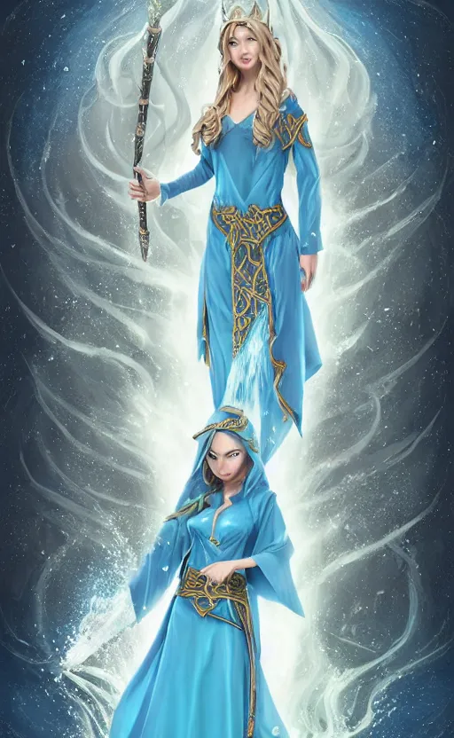 Image similar to elf female sorcerer doing water magic spells, blue robes, exquisite details, full body character design on a white background, by studio muti