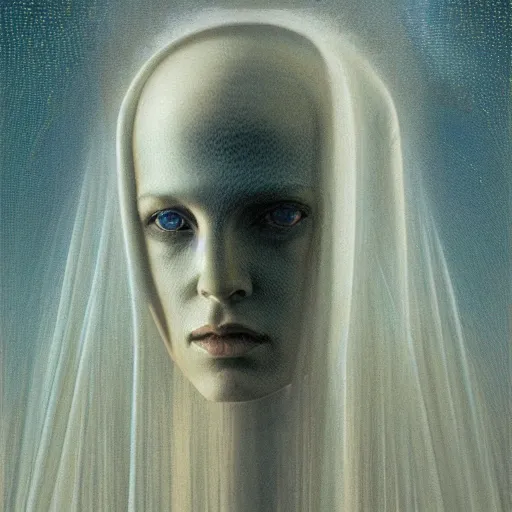 Prompt: sci - fi portrait of bene gesserit order sister by jean delville and beksinski and dore, intricate, hyperealistic, photoreal, 8 k resolution, david lynch movie
