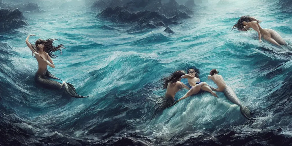 Image similar to Digital art Pixiv, Stunning mermaids swimming in a murky ocean, Kim Jung Gi, Greg Rutkowski, Darek Zabrocki, Karlkka, Jayison Devadas, Phuoc Quan, trending on Artstation, 8K, ultra wide angle, zenith perspective, pincushion lens effect