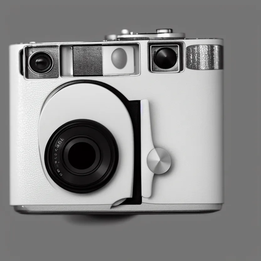 Prompt: photograph of a white medium format camera that looks like an ipod shuffle!!. big shiny lens. apple's design. keep it simple. plain grey background. object centered. highly detailed. shiny lens. artstation, concept art, symmetry, smooth, shallow focus, commercial photography