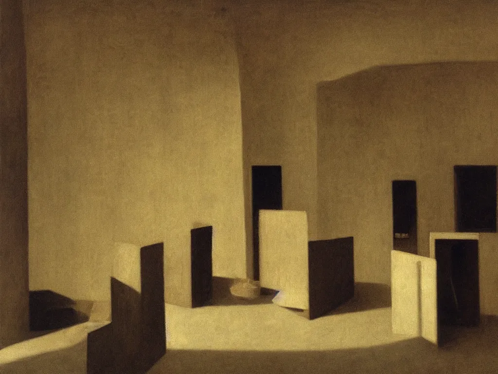 Image similar to Room full of dark coffins. Grazing, golden light, high contrast. Painting by Vilhelm Hammershoi, Morandi