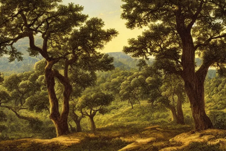 Prompt: masterpiece print of oak trees on a hillside overlooking a creek, by william seltzer rice