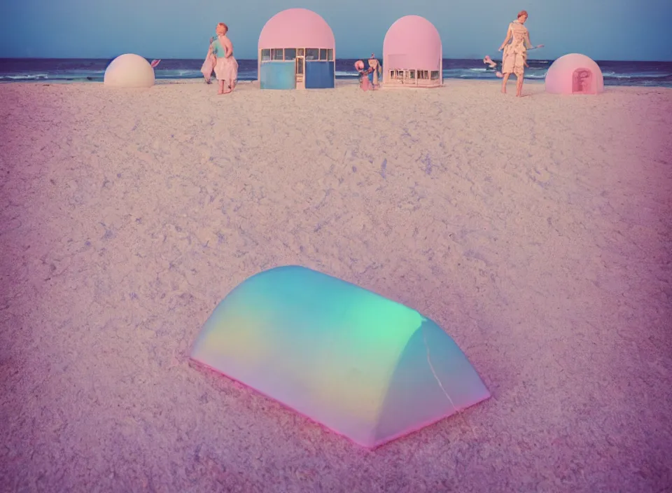 Image similar to a pastel coloured vintage family holiday photo of an empty beach from an alien dreamstate world with chalky pink iridescent!! sand, reflective lavender ocean water, dim bioluminescent plant life and an igloo shaped shiny plastic transparent festival tent. glare. refraction, volumetric light.