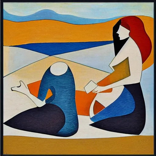 Prompt: two Women weaving the tapestry of life by the ocean with rocks all around, high quality art in the style of cubism and art deco,