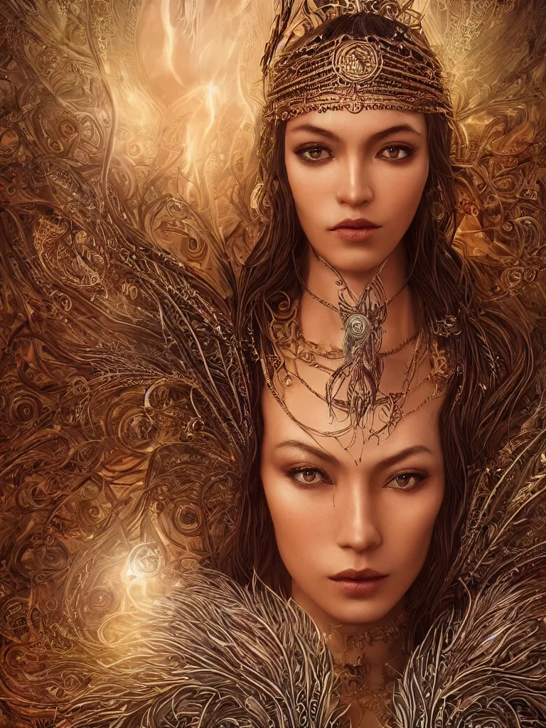 Image similar to a centered render of a single alluring mystical tribal goddess adorned with feathers and gemstones and cables and synthesizer parts is surrounded by sacred geometry made from elven architecture, full body, gorgeous, perfect face, powerful, cinematic, beautifully lit, by artgerm, by karol bak, 3 d, trending on artstation, octane render, 8 k