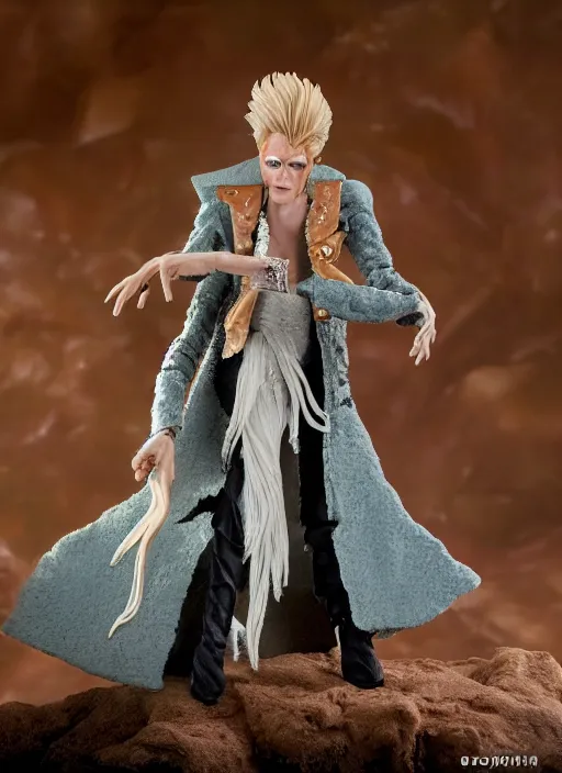 Image similar to product photography of a claymation action figure david bowie as jareth the goblin king, labyrinth depth of field, zeiss lens, detailed, centered, by jim henson, erwin olaf, joop geesink, breathtaking, 8 k resolution, extremely detailed, beautiful, establishing shot, hyperrealistic