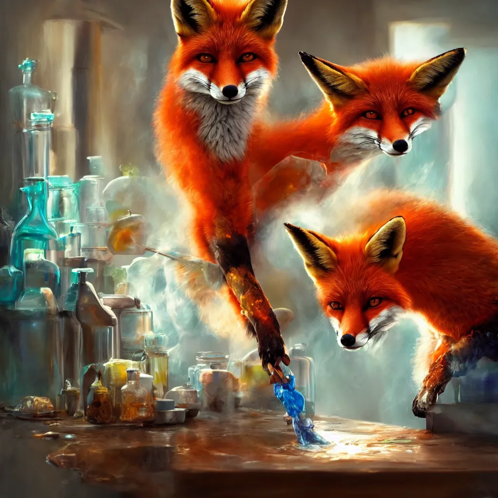 Image similar to a fox mixing chemicals in a kitchen, portrait, fantasy, beautiful face, vivid colors, elegant, concept art, sharp focus, digital art, hyper - realistic, 4 k, unreal engine, highly detailed, hd, dramatic lighting by brom, trending on artstation