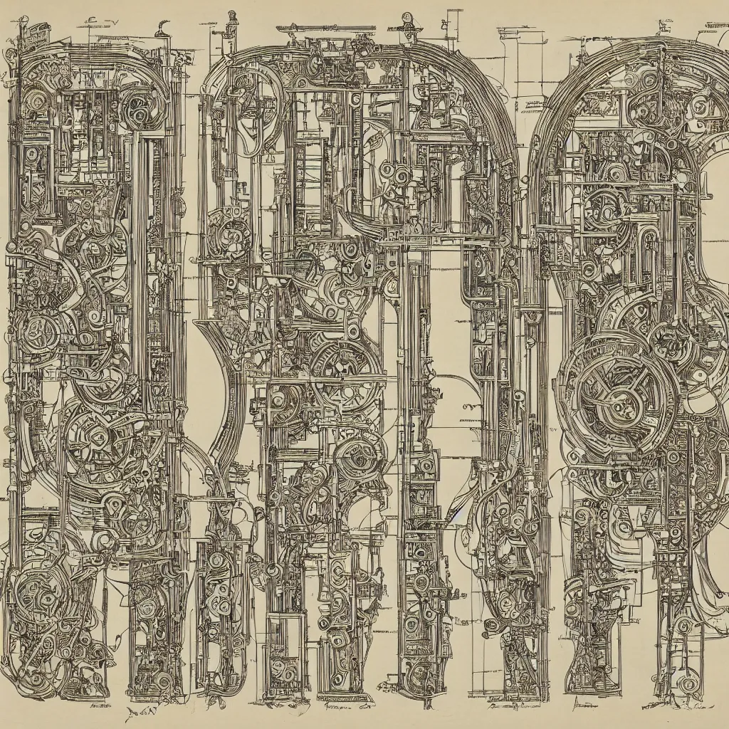 Image similar to beautiful, symmetric, art nouveau, detailed, intricate technical drawing from 1 8 4 0 with extensive written labels and covered in scribbled pencil notes, for a mechanical display attachment to babbage's difference engine, showing a screen playing tetris