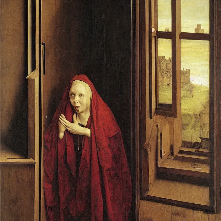 Prompt: a monster peeks through a window at a woman, by Jan van Eyck