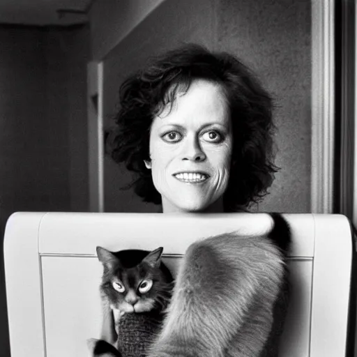 Image similar to detailed professional photographic portrait of Sigourney Weaver wearing a white singlet and her cat moving apartment New York City 1983, building entrance way Art Deco,, cinematic feel, high octane