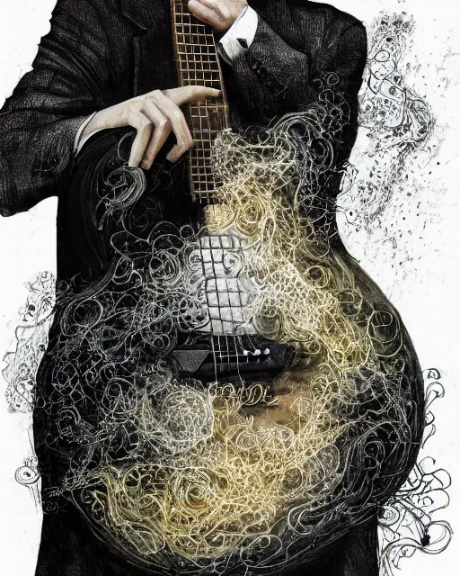 Image similar to a highly detailed portrait of Frank Dillane holding a guitar radiating a powerful energy aura, ornate black tuxedo, wispy tendrils of smoke, intricate, digital painting, old english, raining, sepia, particles floating, whimsical background by marc simonetti, artwork by liam wong