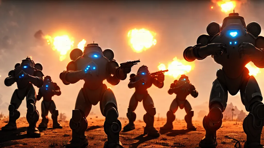 Image similar to futuristic power armor soldiers firing away from the camera, eye catching composition, realistic, unreal engine 5, global illumination, detailed environment, bright colours, cinematic, atmosphere, 4 k