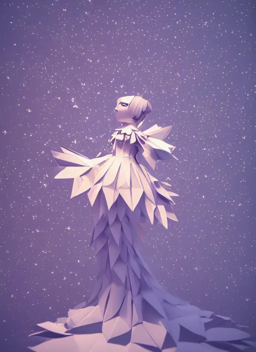 Image similar to background edge of space with puffy clouds are dusk, anthropomorphic paper woman wrapped in a flowing couture tissue paper, paper chrysanthemums, many origami stars, eery light, 3 d, very detailed, octane render, trending artstation, artgem