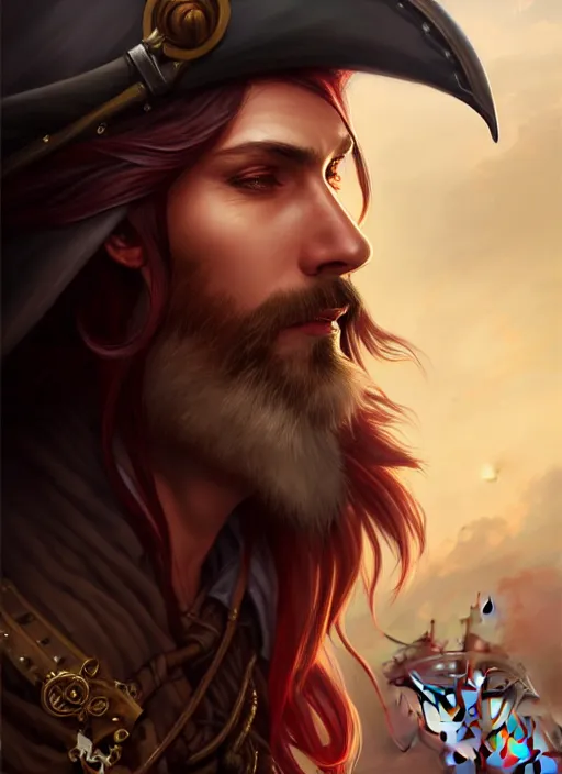 Image similar to 3/4 headshot of male airship pirate, D&D, handsome, fantasy, intricate, long hair, airship, steampunk, red hair, elegant, highly detailed, digital painting, artstation, concept art, smooth, sharp focus, illustration, art by artgerm and greg rutkowski and alphonse mucha