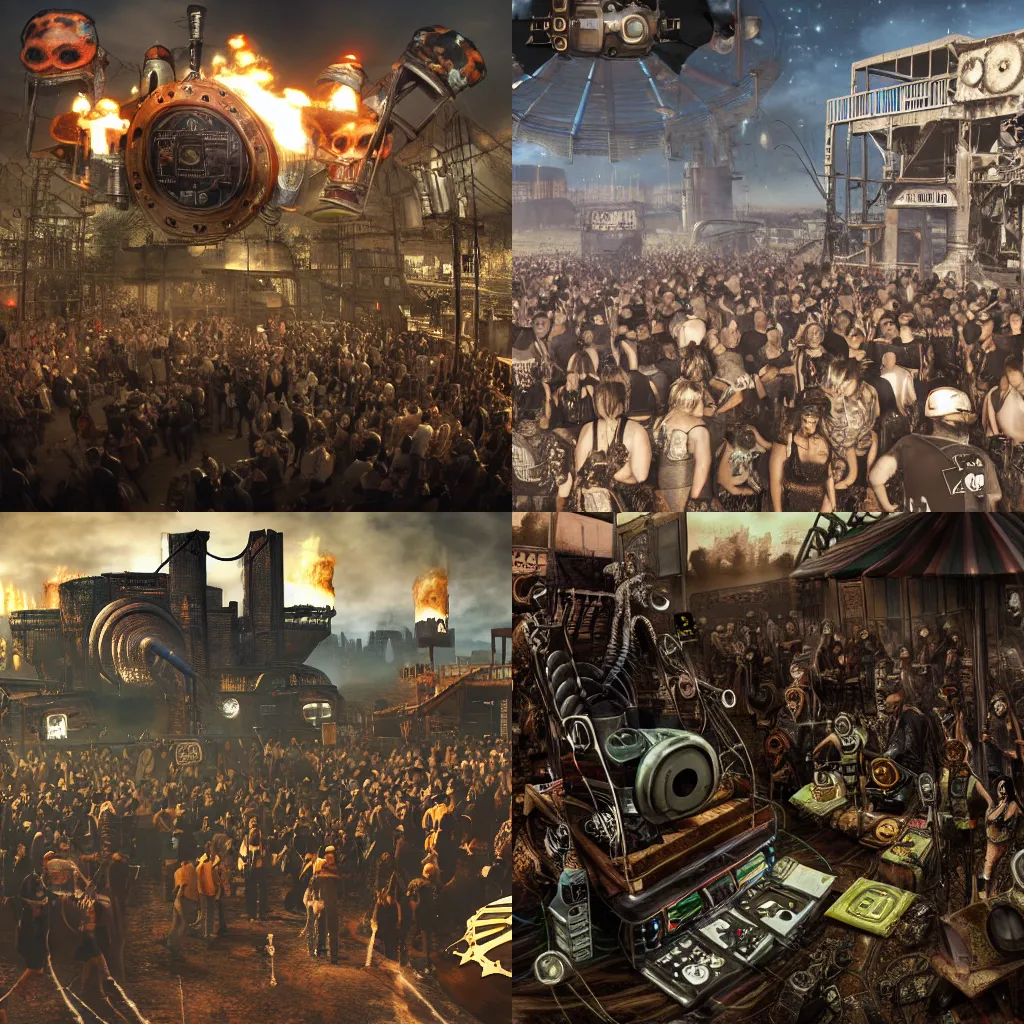 Prompt: snake dj party, thousands of people, steam punk, nuclear wasteland, photo realistic