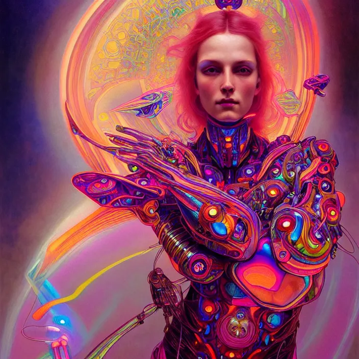 Prompt: bright psychedelic portrait of organic cyborg, wings, diffuse lighting, fantasy, intricate, elegant, highly detailed, lifelike, photorealistic, digital painting, artstation, illustration, concept art, smooth, sharp focus, art by John Collier and Albert Aublet and Krenz Cushart and Artem Demura and Alphonse Mucha