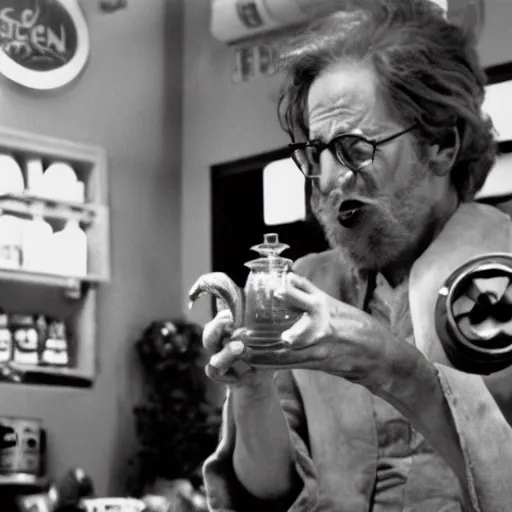 Image similar to 3 5 mm film slide of steven spielberg directed scene of a yoda smoking a bong inside a yoda themed bong and weed shop.