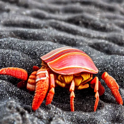 Image similar to Detailed 4k photo of a Hermit crab sporting a curly mustache, on the beach, afternoon