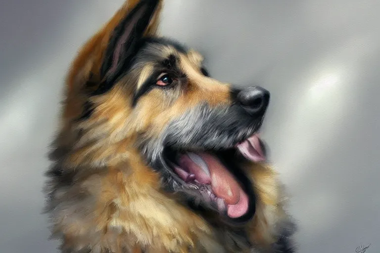 Image similar to A painting of a cute, fluffy german shepherd dog by Craig Mullins, dramatic lighting, extremely high detail, trending on artstation