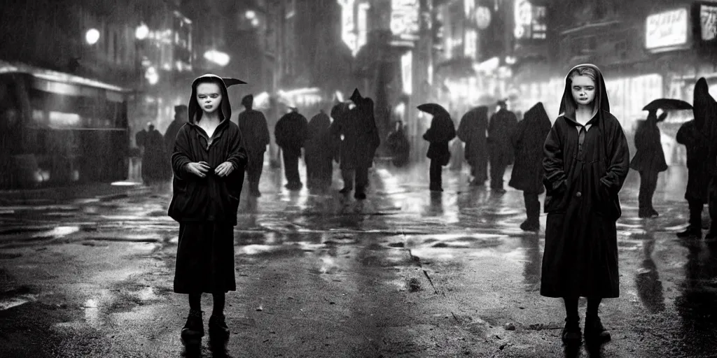 Image similar to night scene, sadie sink in hoodie sits sells umbrellas on city corner, pedestrians ignore her : grainy b & w 1 6 mm film, 2 5 mm lens, single long shot from schindler's list by steven spielberg. cyberpunk, steampunk. cinematic atmosphere and composition, detailed face, perfect anatomy